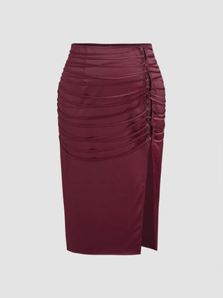 Satin Lace Up Split Midi Skirt Curve & Plus
