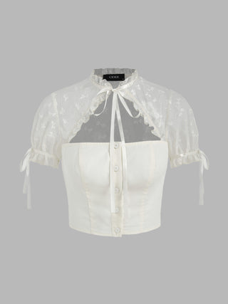Floral Lace Sheer Cut Out Button Knotted Crop Top