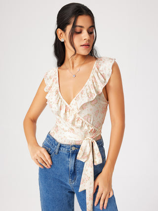Floral V-neck Ruffle Hem Knotted Bodysuit