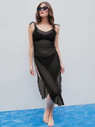 Scoop Neckline Ruffle Hem Slit Cover Up Dress