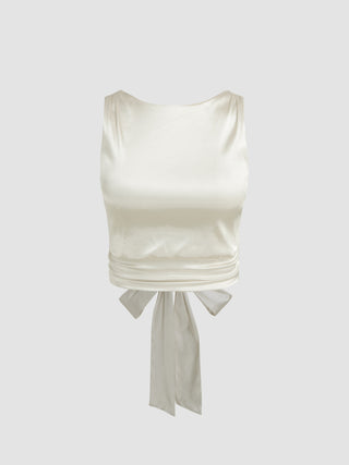 Satin Sleeveless Knotted Backless Crop Tank Top