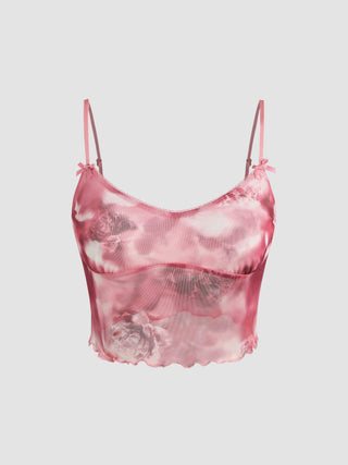 Floral Tie Dye Bow Lettuce Trim Tank Top
