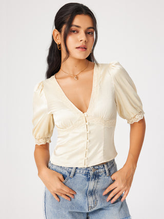Satin V-neck Button Up Puff Sleeve Lace Trim Top