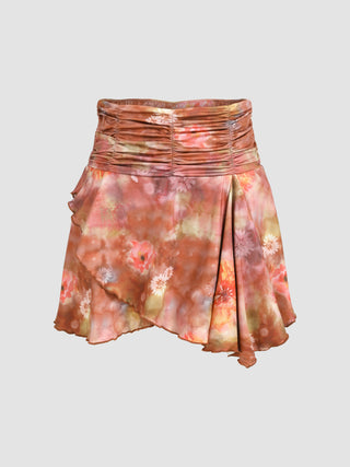 Floral Tie Dye Mid Waist Ruched Mini Skirt