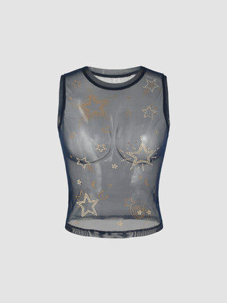 Rhinestone Star Mesh Crop Top