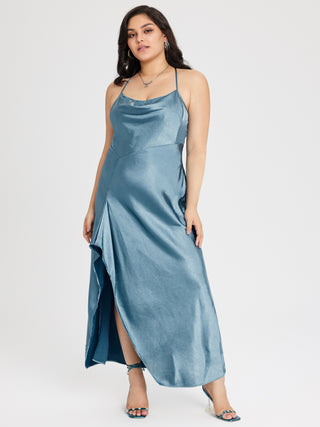 Satin Cowl Neck Asymmetric Ruffle Maxi Dress Curve & Plus