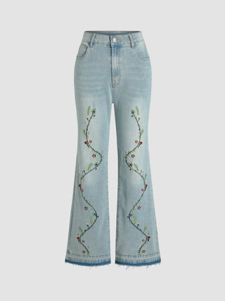 High Rise Washed Floral Embroidered Flared Jeans