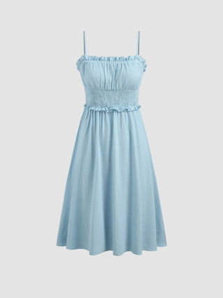 Shirred Ruffle Hem Ruched Midi Dress