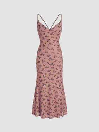 Floral Lace Up Mesh Midi Dress