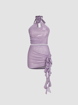 Glitter Rosette Halter Top & Mini Skirt Set