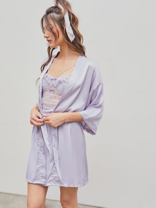 Satin Bow Lace Slip Mini Dress & Belted Robe Pajama Set