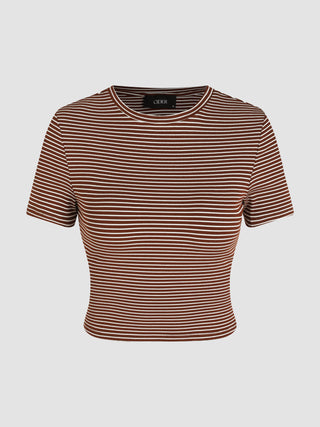 Round Neckline Striped Short Sleeve Crop Tee