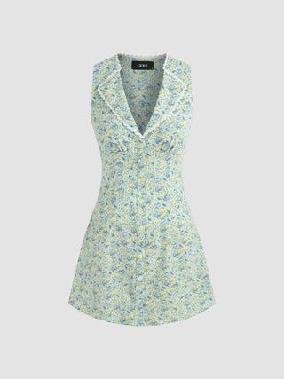 Floral Lace Trim Collar Button Up Sleeveless Mini Dress