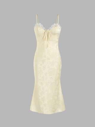 Floral Jacquard Lace Trim Knotted Midi Dress
