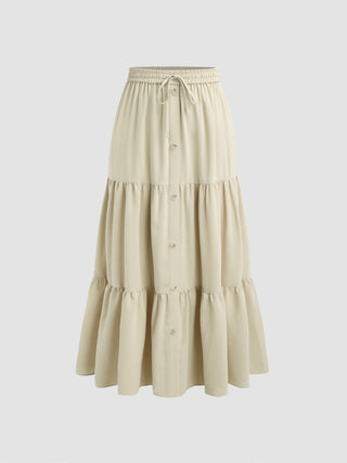 Mid Waist Ruffle Button Tiered Maxi Skirt