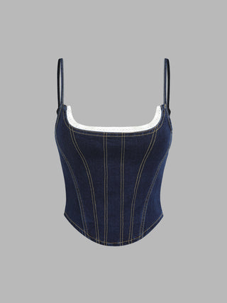 Denim Lace Trim Shirred Crop Top