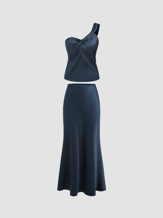 Satin Asymmetrical Neck Tank Top & Mid Waist Mermaid Skirt Set