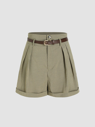 Geometric Pleated Roll Hem Shorts With Belt