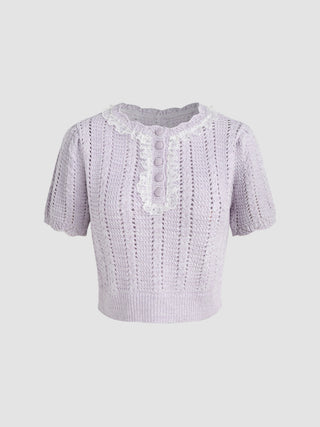 Round Neckline Button Knitted Short Sleeve Top