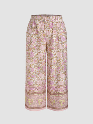 Flroal Mid Waist Graphic Wide Leg Trousers Curve & Plus
