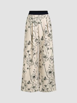 Floral Contrasting Trim Pleated Trousers