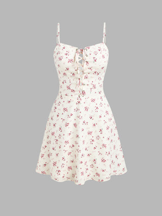 Scoop Neckline Floral Lace Up Mini Dress