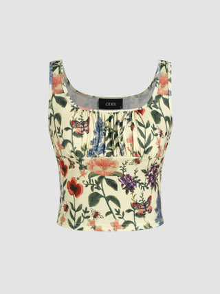 Scoop Neckline Floral Ruched Crop Top