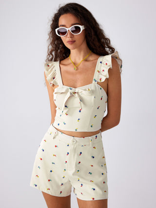 Floral Knotted Shirred Crop Top