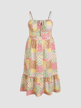 Geometric Shirred Knotted Midi Dress Curve & Plus