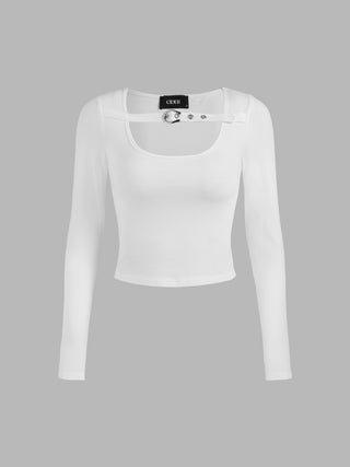 Scoop Neckline Buckle Long Sleeve Top