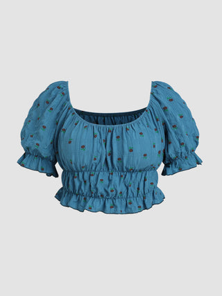 Floral Square Neck Puff Sleeve Ruched Blouse Curve & Plus