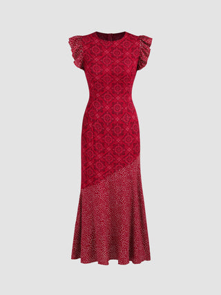Round Neckline Paisley Patched Eyelet Maxi Dress