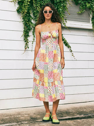 Geometric Shirred Knotted Midi Dress
