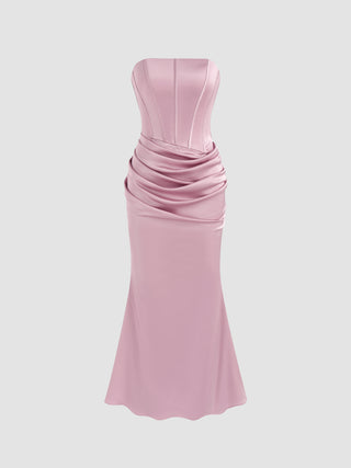 Satin Ruched Corset Tube Maxi Mermaid Dress