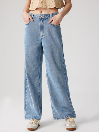 Denim Mid Rise Buckle Wide Leg Jeans