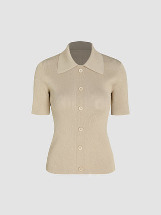 Polo Solid Button Knitted Short Sleeve Top