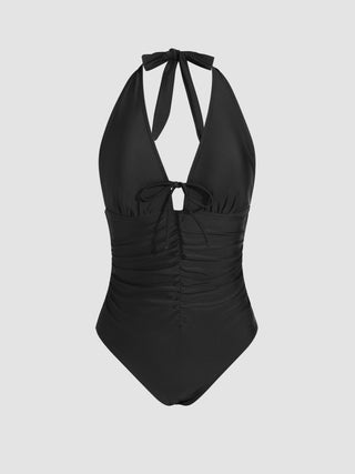 Halter Bowknot Ruched One Piece Swimsuit