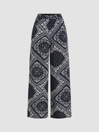 Mid Waist Paisley Wide Leg Trousers