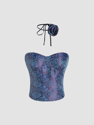 Satin Rosette Paisley Halter Tube Top