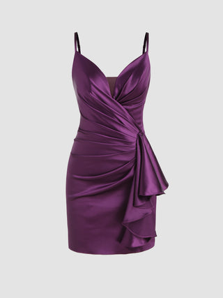 Satin V-neck Ruched Ruffle Cami Mini Dress