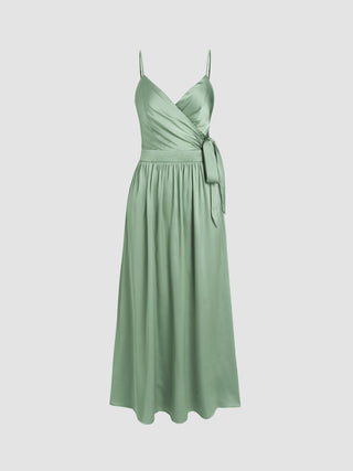 Satin V-neck Ruffle Midi Dress