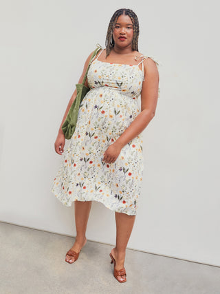 Floral Embroidery Ruffle Knotted Midi Dress Curve & Plus