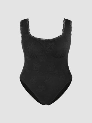 Jersey Floral Lace Trim Solid Bodysuit Curve & Plus