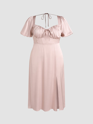 Satin Knotted Puff Sleeve Split Midi Dress Curve & Plus