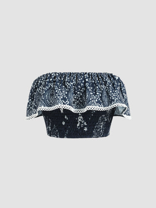 Paisley Ruffle Shirred Tube Crop Top