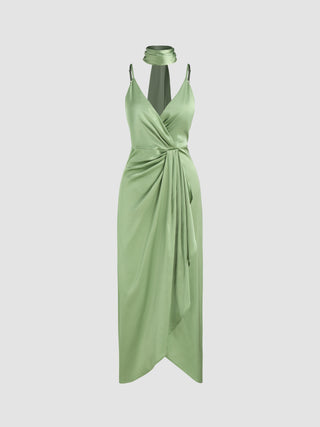 Satin V-neck Ruched Split Midi Dress