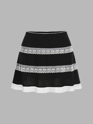 Heart Embroidery Lace Hem Mini Skirt