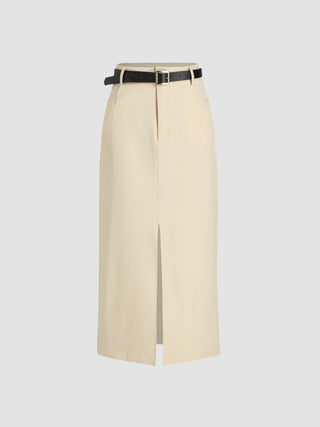 High Waist Solid Split Maxi Skirt With Belt