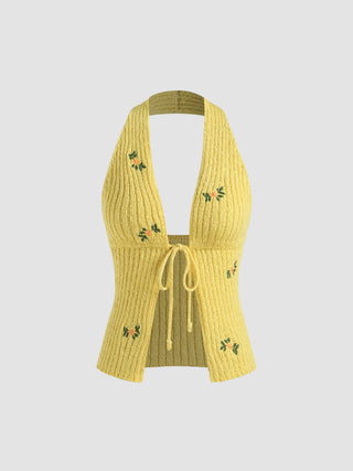 Halter Neckline Graphic Floral Knitted Crop Top
