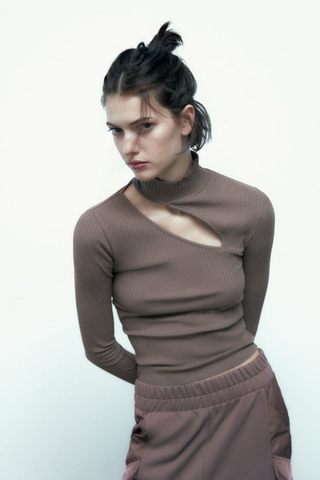 High Neck Solid Asymmetrical Long Sleeve Top